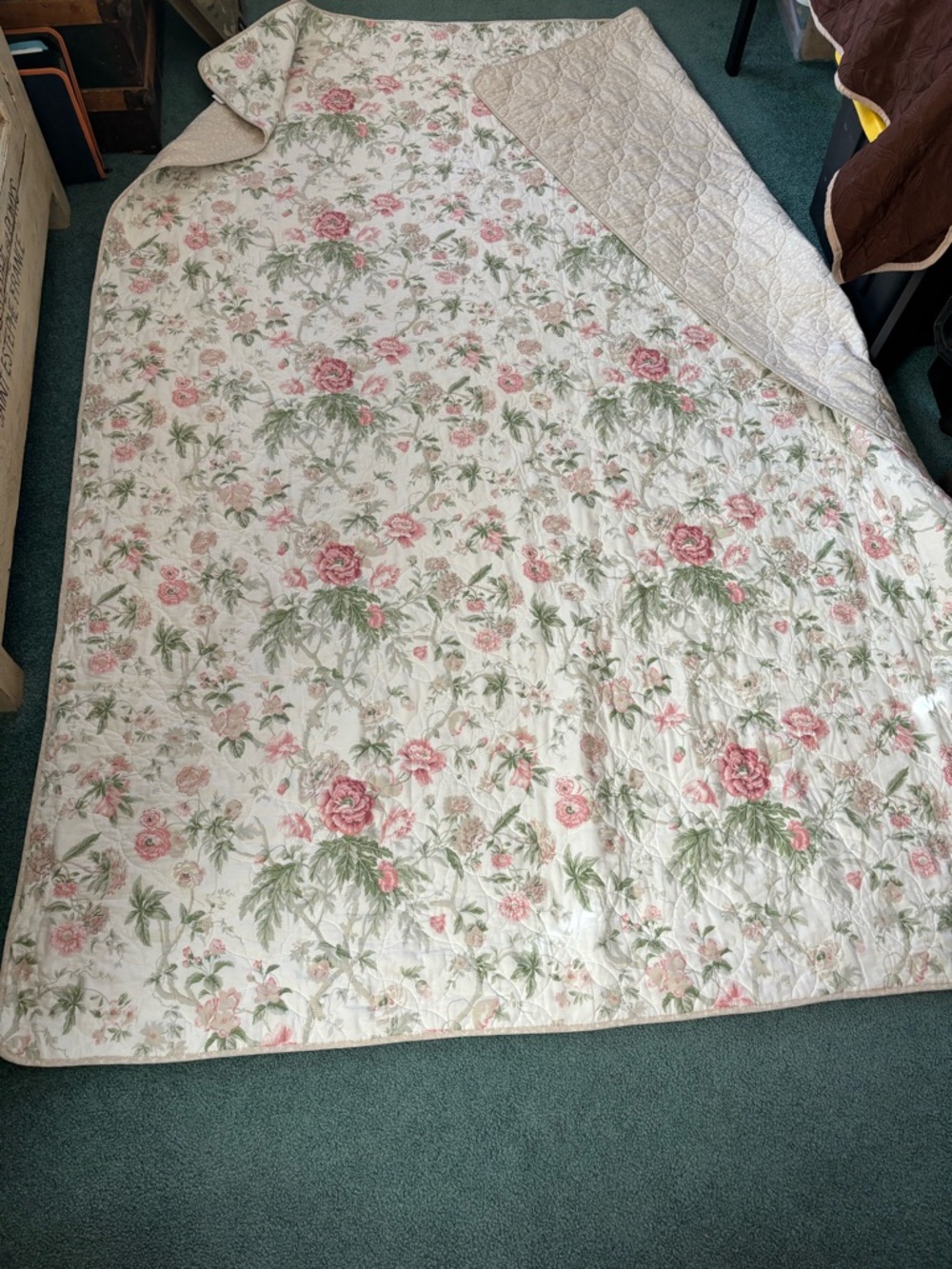 Laura Ashley Cream Quilted Floral Bedspread with Pink and Green Roses